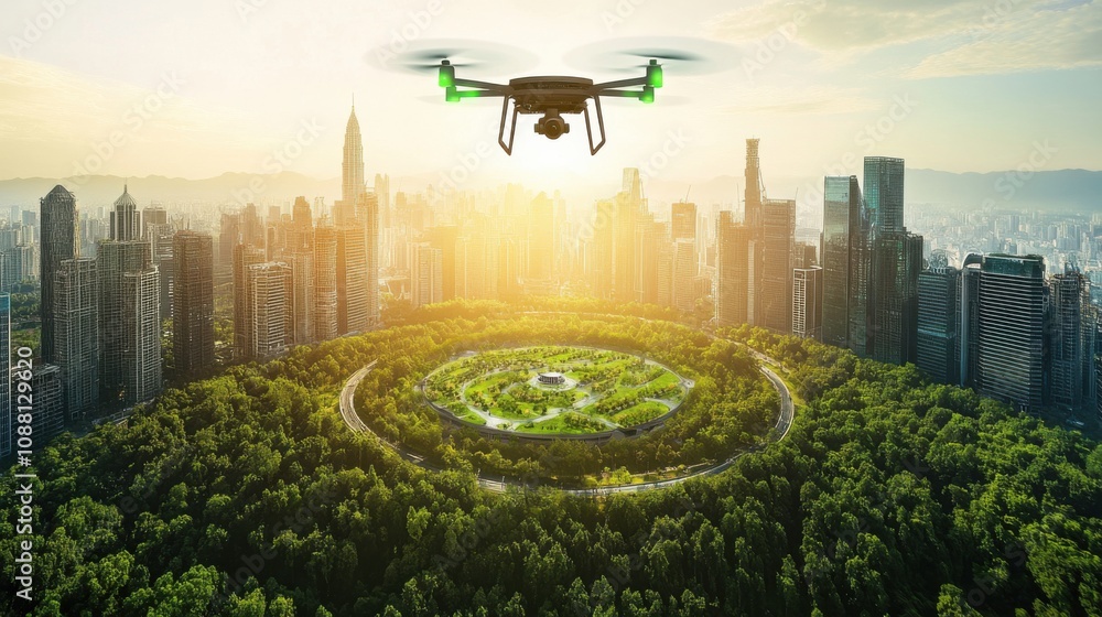 Poster a high-altitude drone capturing a panoramic view of a smart city integrating renewable energy soluti