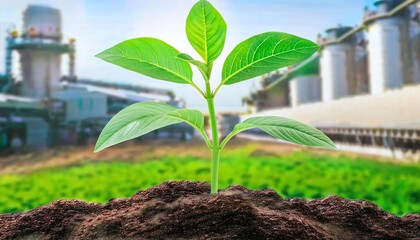 A young green plant sprouts from rich soil, symbolizing growth and sustainability in an agricultural setting with industrial buildings in the background.