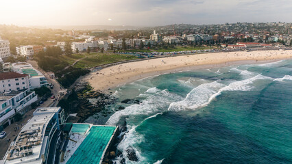 Aerial view of Bondi beach and seaside pool.