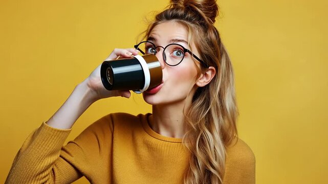 A woman with glasses is holding a cup and pointing to the sky. Concept of curiosity and wonder, as if the woman is trying to make sense of something in the sky
