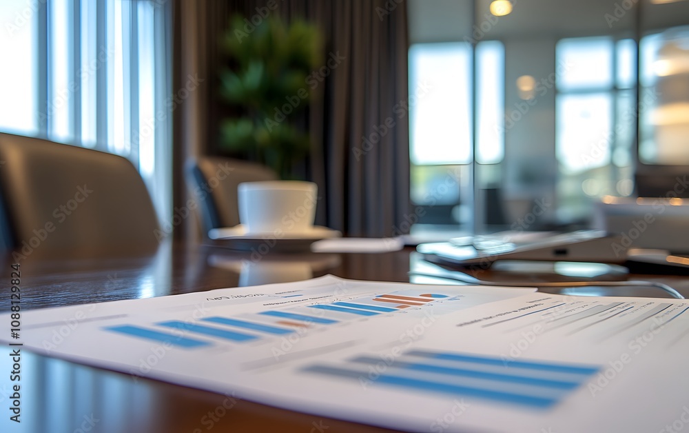 Aufkleber a close-up view of business reports featuring graphical data and charts on a sleek conference table,