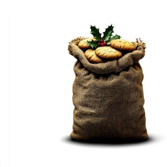 Obraz premium Burlap Sack Overflowing with Christmas Cookies and Holly Sprig