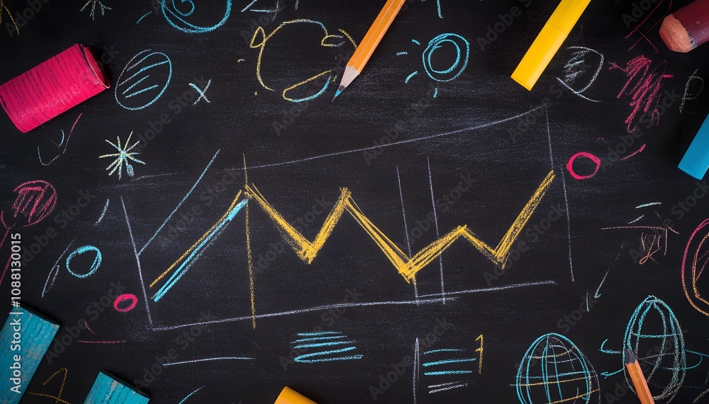 Poster a dynamic and colorful chalkboard illustration showing a fluctuating graph with geometric shapes and