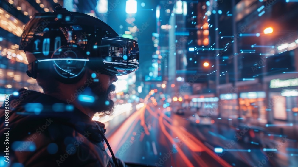 Poster software developer wearing vr headset and headphones interacting with data and exploring metaverse i