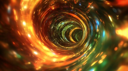 Abstract swirling vortex of vibrant orange, green, and blue light, creating a tunnel effect.