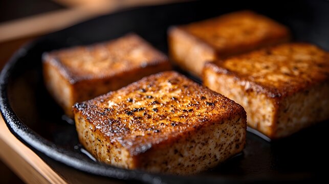 Spice crusted tofu sizzling in a cast iron skillet the golden brown crust glistening with a blend of aromatic seasonings