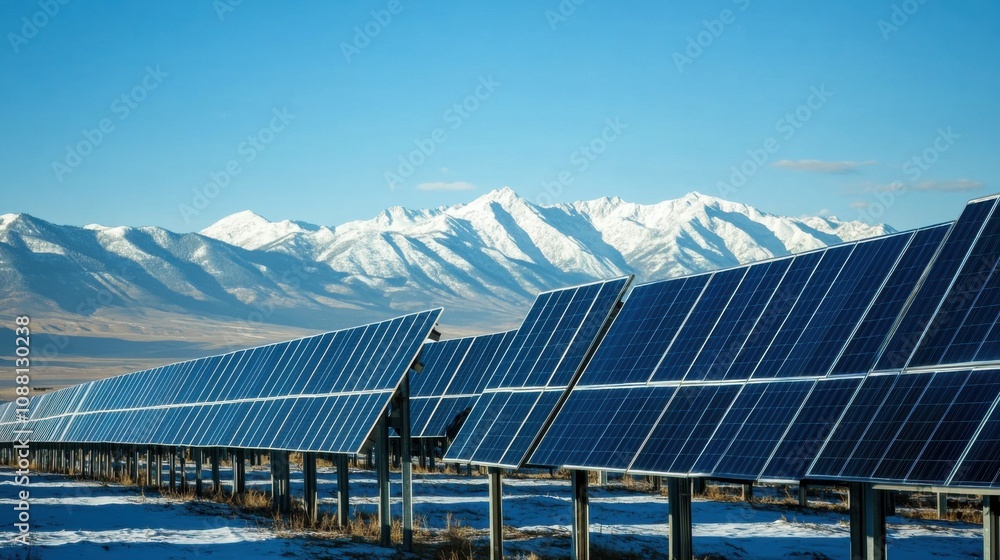 Poster a high-altitude solar farm with rows of photovoltaic panels against a backdrop of snow-capped mounta