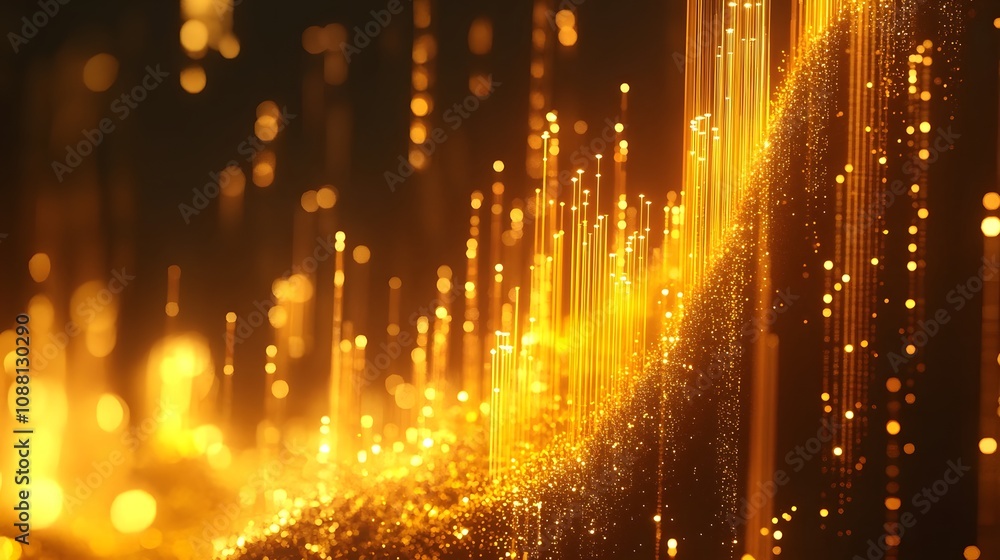 Poster a mesmerizing display of shimmering golden particles cascading in a dynamic flow, creating a stunnin