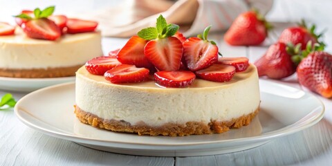 Delicious cheesecake topped with fresh strawberries on a white plate, cheesecake, dessert, food, strawberries, sweet, delicious