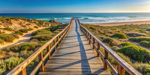 Obraz premium Natural wooden walkway in sunny Peniche, Portugal , Peniche, Portugal, wooden walkway, nature, sunlight, outdoors
