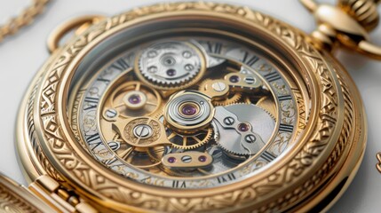 Obraz premium Close-up of intricate gold pocket watch mechanism, revealing gears and Roman numerals.