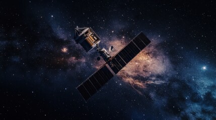 A high-speed communication satellite in orbit around Earth, surrounded by stars and distant galaxies, Satellite technology style