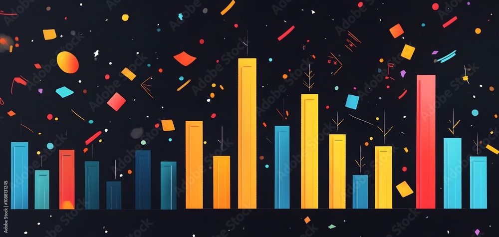 Poster a vibrant and colorful abstract representation of data analytics, showcasing various bar graphs agai