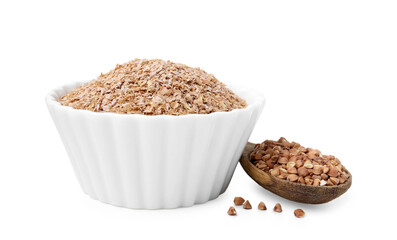 Buckwheat bran in bowl and grains isolated on white