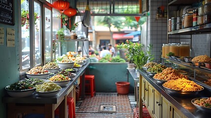 A bright and cheerful cooking area in a som tum restaurant, with sticky rice and the joy of eating 