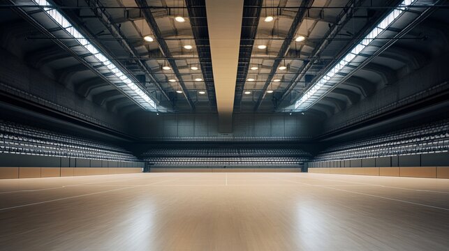 93.A modern volleyball court with a beige floor inside a spacious, well-lit indoor stadium. The clean lines of the court are accentuated by the soft lighting from above, and the stadium seats provide