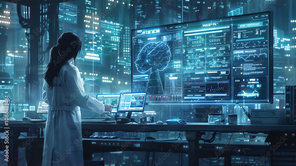 Aufkleber female scientist analyzes brain data on futuristic computer screens in a high-tech lab at night.