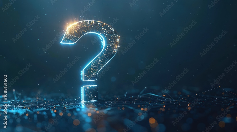 Poster a glowing blue question mark made of connected dots and lines against a dark blue background with gl