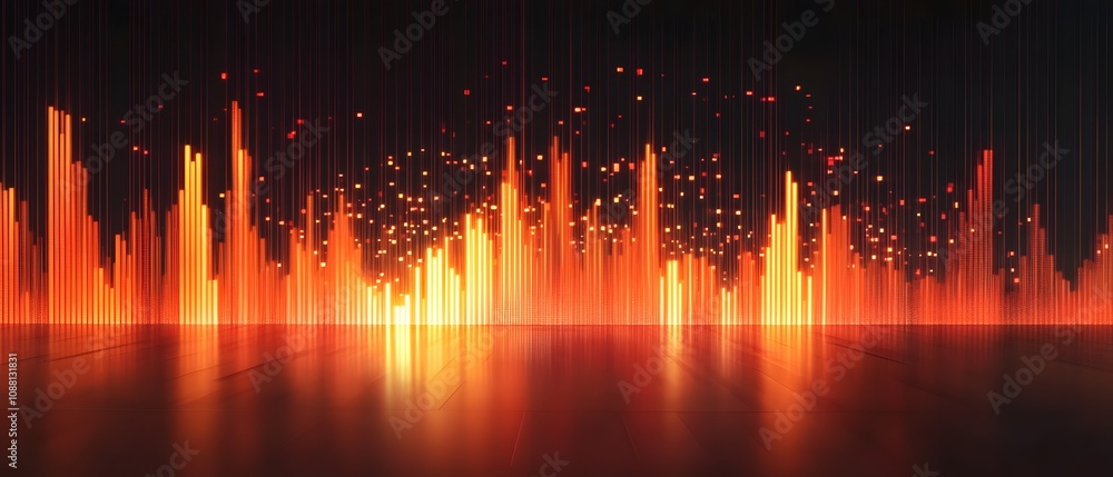 Poster an abstract digital visualization representing sound waves with vibrant orange and red hues. this ar