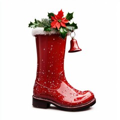 Festive Red Rain Boots with Poinsettia and Bell Decoration - Christmas Holiday Still Life