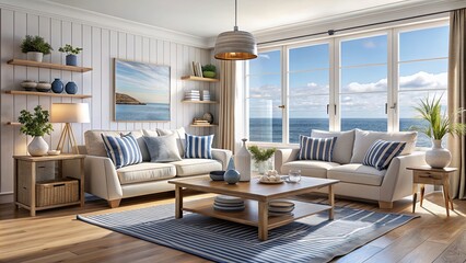 Modern coastal living room with nautical details creating a relaxed seaside atmosphere , coastal, living room, modern