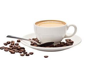 A stylish espresso coffee cup with a saucer, spoon, and a few coffee beans placed next to the cup isolated on white background