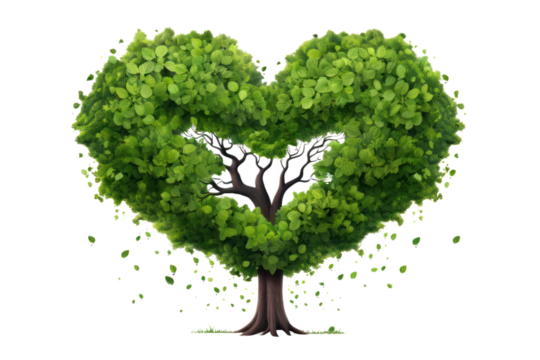 A stylized heart-shaped tree with a symmetrical, leafy canopy, set against a minimalistic white background