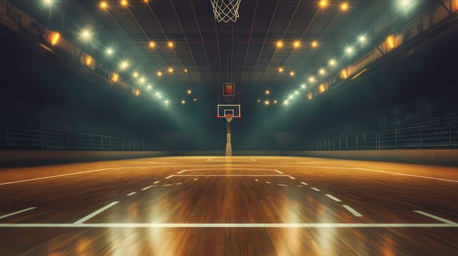 Empty basketball arena with dramatic lighting, view from free throw line in front of goal on the court