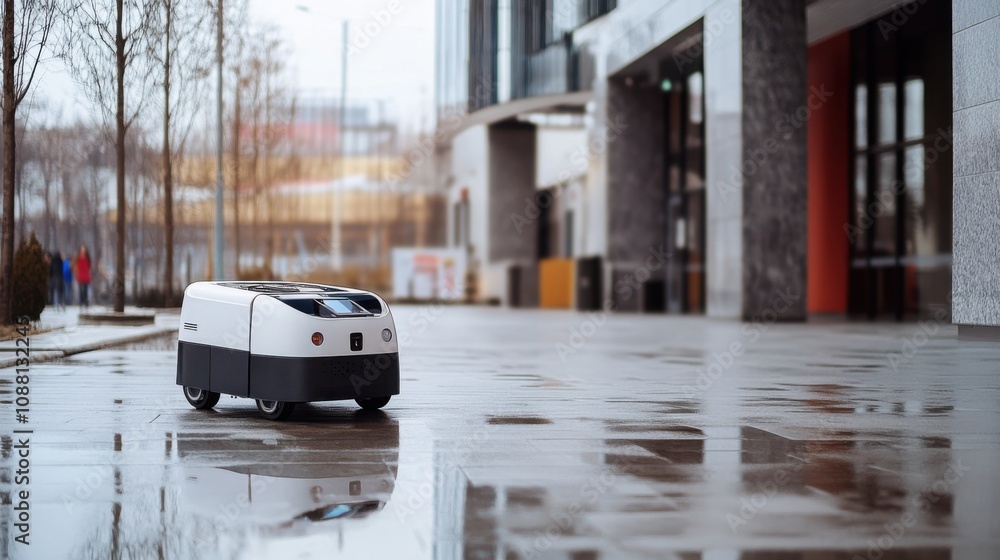 Poster A high-tech AI-driven autonomous cleaning robot for public spaces, clean urban plaza with robots designed for efficient and thorough cleaning operations, Cleaning style