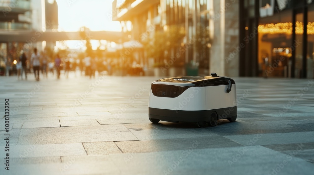 Poster A high-tech AI-driven autonomous cleaning robot for public spaces, clean urban plaza with robots designed for efficient and thorough cleaning operations, Cleaning style