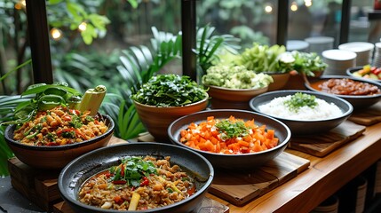 A cozy ambiance in a som tum restaurant, highlighting the food menu and preparation of larb 
