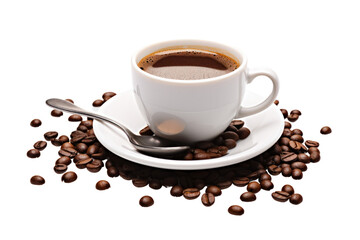 A stylish espresso coffee cup with a saucer, spoon, and a few coffee beans placed next to the cup isolated on white background