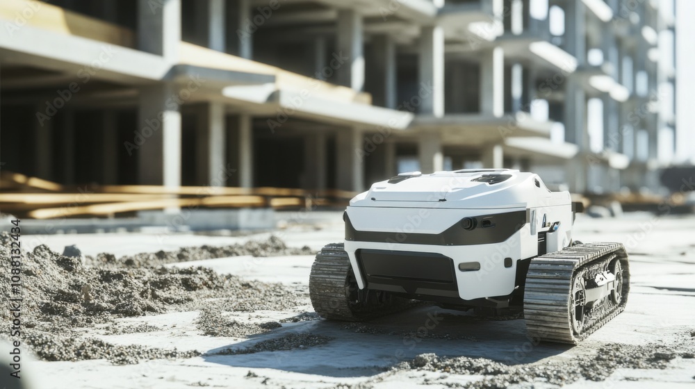 Poster A high-tech AI-driven autonomous construction site robot, clean building site with robots designed for precise construction tasks and site automation, Construction style
