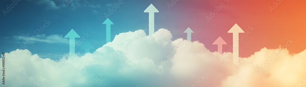 Poster a captivating scene of clouds with upward arrows symbolizing growth, innovation, and progress, creat