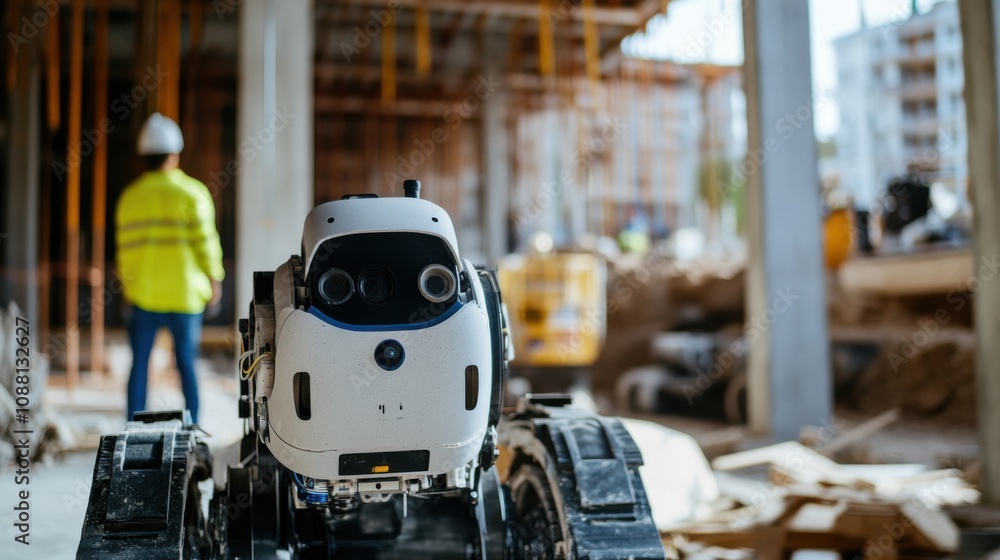 Poster A high-tech AI-driven autonomous construction site robot, clean building site with robots designed for precise construction tasks and site automation, Construction style