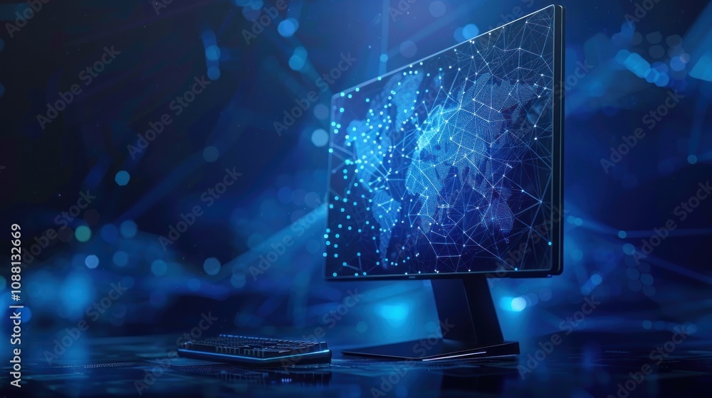 Wall mural a computer monitor displaying a world map with connected lines, against a blue, futuristic backgroun