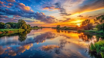 Obraz premium Scenic sunset over a tranquil river, sunset, river, water, reflection, nature, dusk, peaceful, serene, horizon, evening, twilight