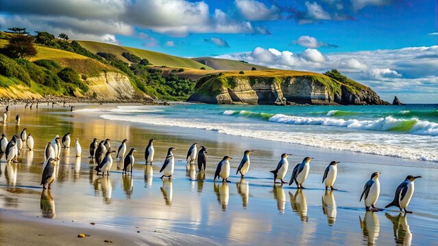 Scenic view of penguins at Oamaru beach in New Zealand, penguins, wildlife, beach, nature, Oamaru, New Zealand, travel