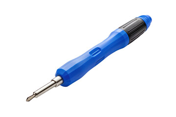 A single Phillips head screwdriver with a blue handle resting horizontally isolated on white background