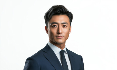 Confident Business Executive in a Navy Suit and White Shirt, Posing Against a Minimalist Background