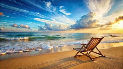 Serene beach scene with a beach chair facing the ocean, beach, chair, relaxation, summer, vacation, tranquil, peaceful, pristine