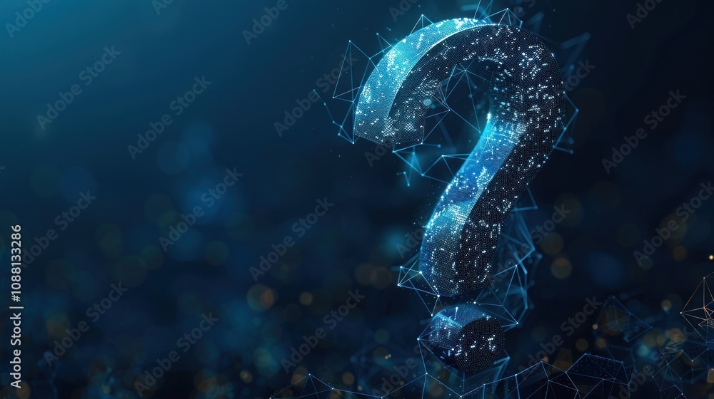 Poster a question mark made of blue glowing particles and lines against a dark blue background with bokeh l