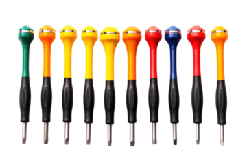 A set of assorted screwdrivers with colorful handles neatly arranged in a row isolated on white background