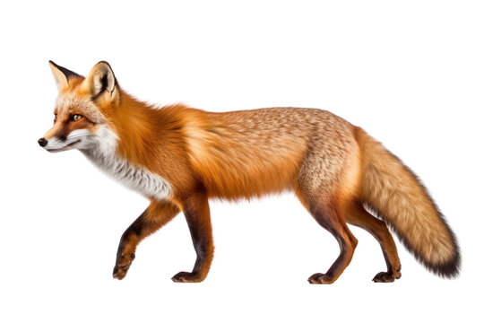 A side profile of a fox walking with a focused expression isolated on white background