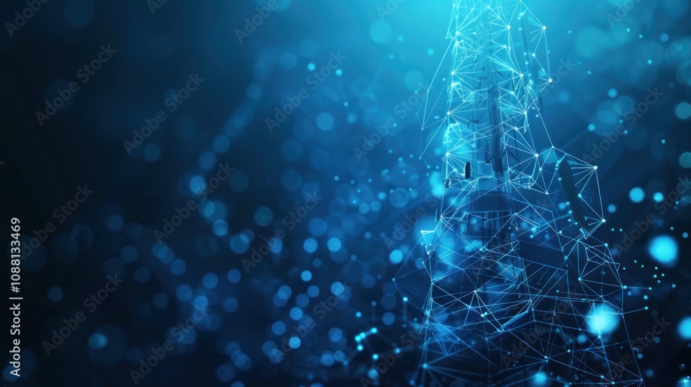 Poster abstract blue background with a geometric shape and bokeh lights.