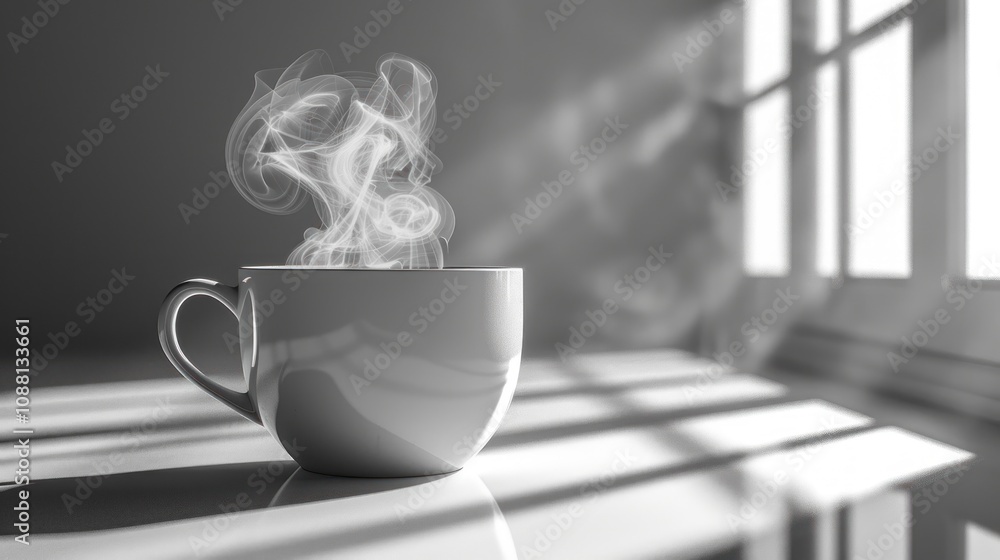 Poster a steaming cup of coffee sits on a white table with sunlight streaming in from a window behind it.