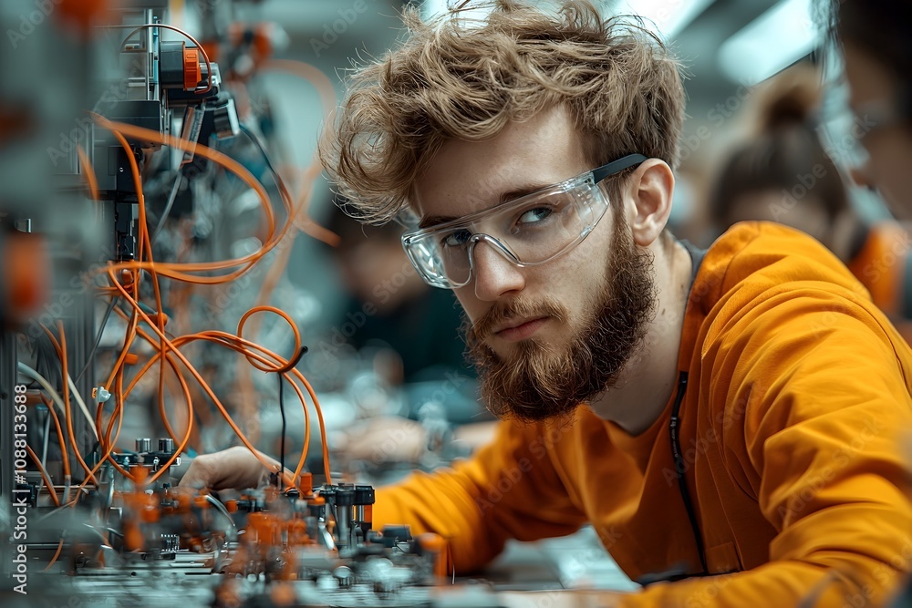 Poster diverse students collaborating in high-tech engineering lab with cutting-edge technology