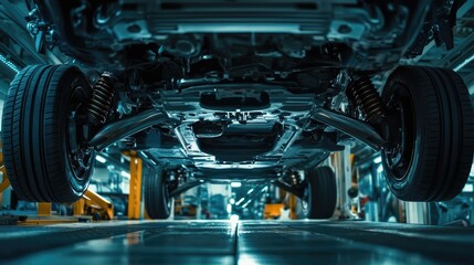 Car on Lift at Automotive Service Center Showing Underbody and Axles, Mechanic Repair Shop Concept