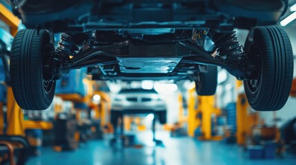 Car on Lift at Automotive Service Center Showing Underbody and Axles, Mechanic Repair Shop Concept