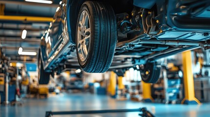 Fototapeta premium Car on Lift at Automotive Service Center Showing Underbody and Axles, Mechanic Repair Shop Concept